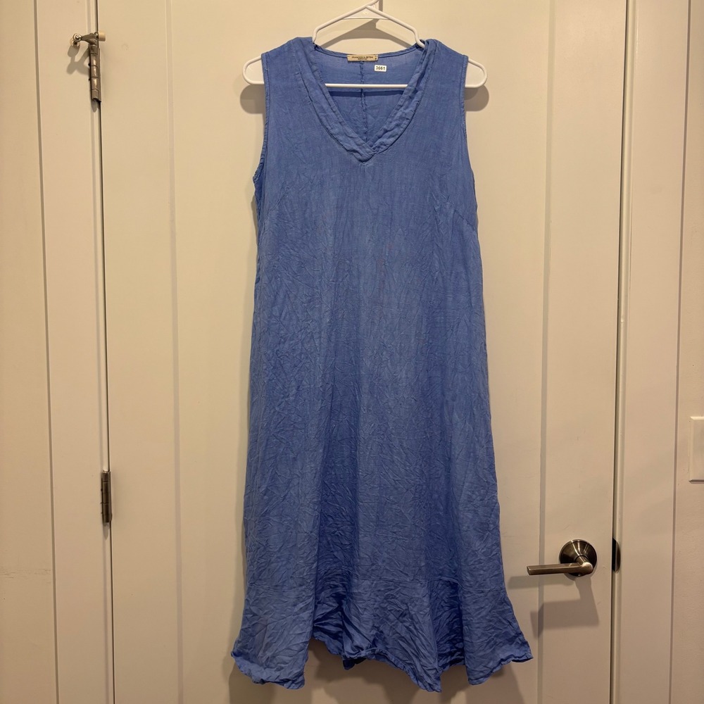Francesca Bettini Italy Blue 100% Linen Sleeveless Ruffle Hem Midi Dress Small